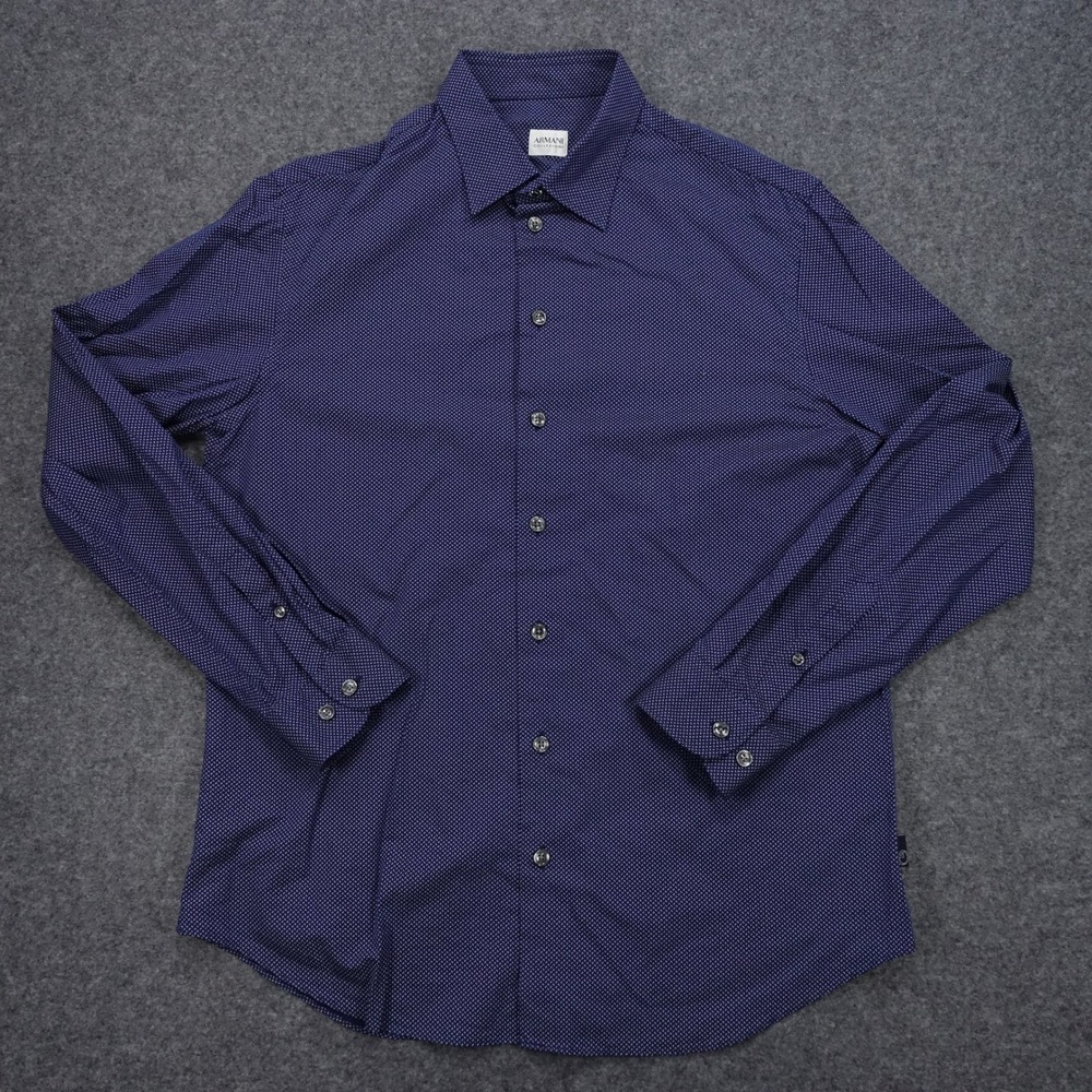 Armani Collezioni Button Down Mens Large Micro Dotted Long Sleeve Navy Blue